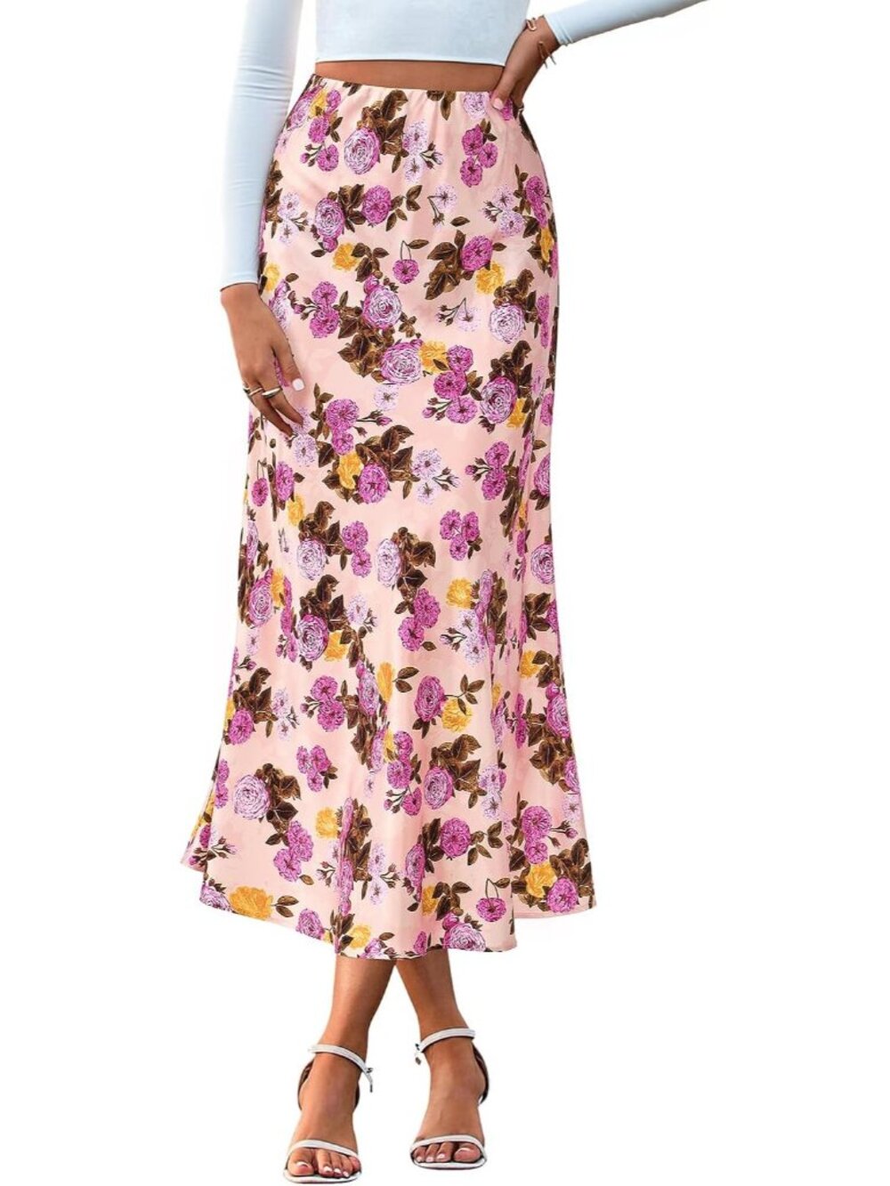 Women Floral Pink High Waisted A-Line Silky Flowy Bias Cut Satin Midi Skirt